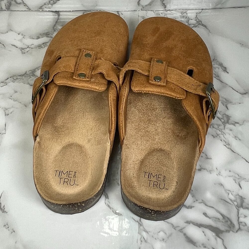 TIME AND TRU Women's 6 Tan Chestnut Faux Suede Cork Clog Slip On Shoes NWOT NEW - Picture 2 of 7